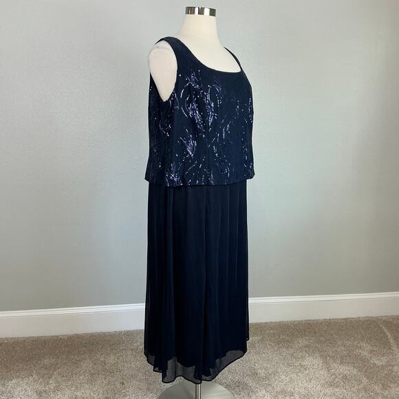 Alex Evenings Sequined Chiffon Midi A-Line Cocktail Dress Navy Blue Size 24W - Picture 2 of 11